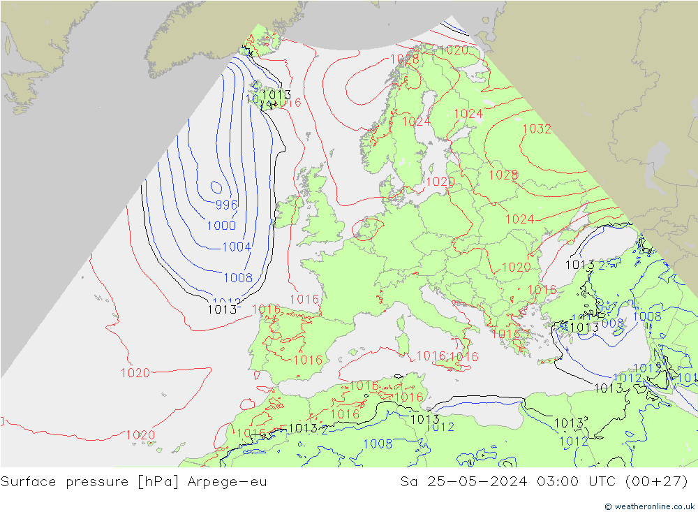 Surface pressure Arpege-eu Sa 25.05.2024 03 UTC