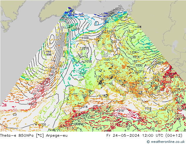 Theta-e 850hPa Arpege-eu ven 24.05.2024 12 UTC