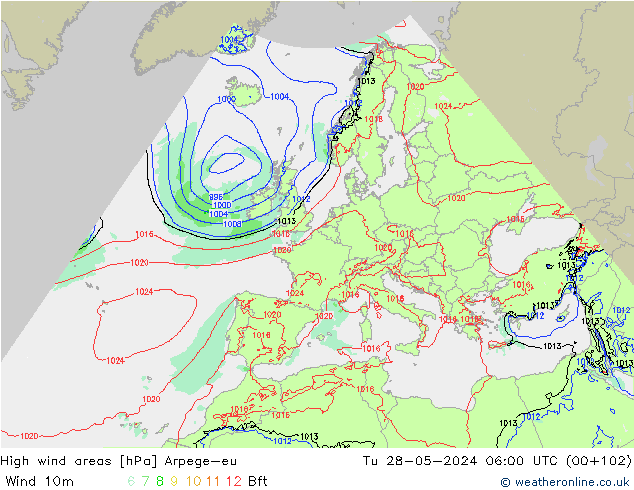 High wind areas Arpege-eu Út 28.05.2024 06 UTC