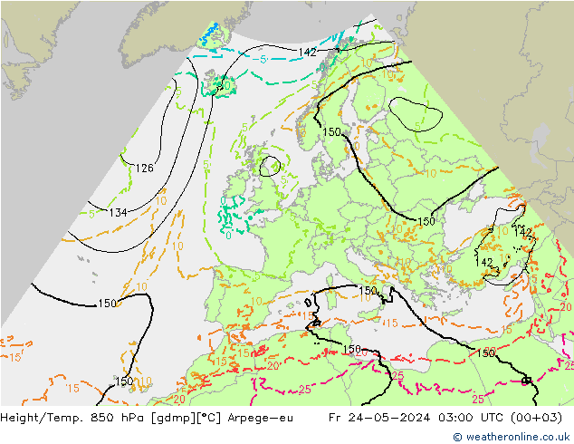 Height/Temp. 850 hPa Arpege-eu 星期五 24.05.2024 03 UTC