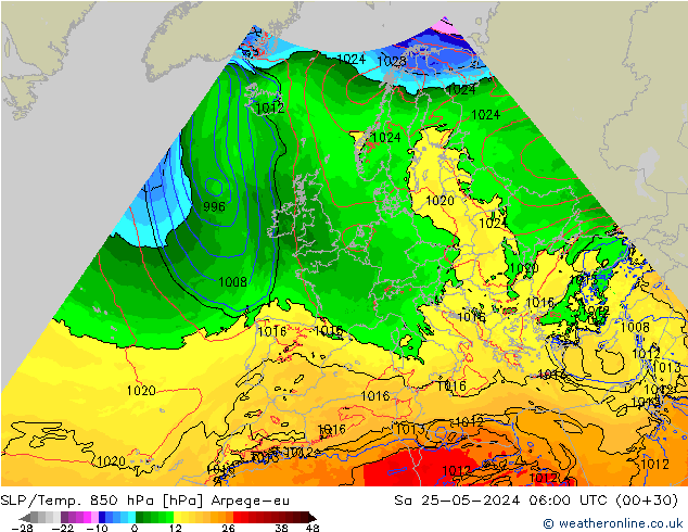 SLP/Temp. 850 hPa Arpege-eu Sáb 25.05.2024 06 UTC