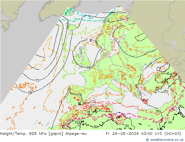 Height/Temp. 925 hPa Arpege-eu 星期五 24.05.2024 03 UTC