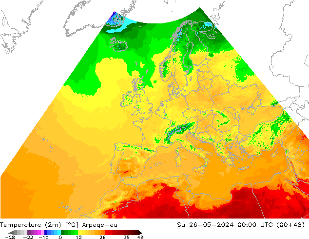 Temperatuurkaart (2m) Arpege-eu zo 26.05.2024 00 UTC
