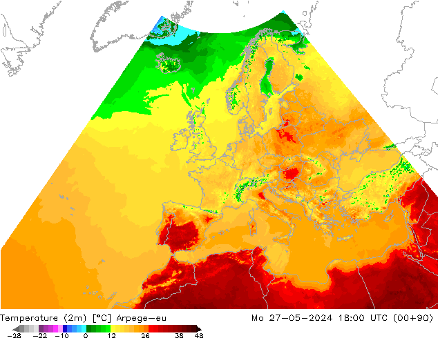 Sıcaklık Haritası (2m) Arpege-eu Pzt 27.05.2024 18 UTC