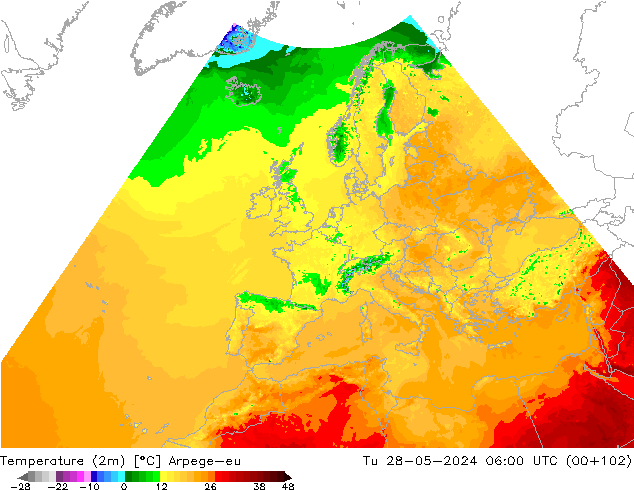 Temperatura (2m) Arpege-eu Ter 28.05.2024 06 UTC