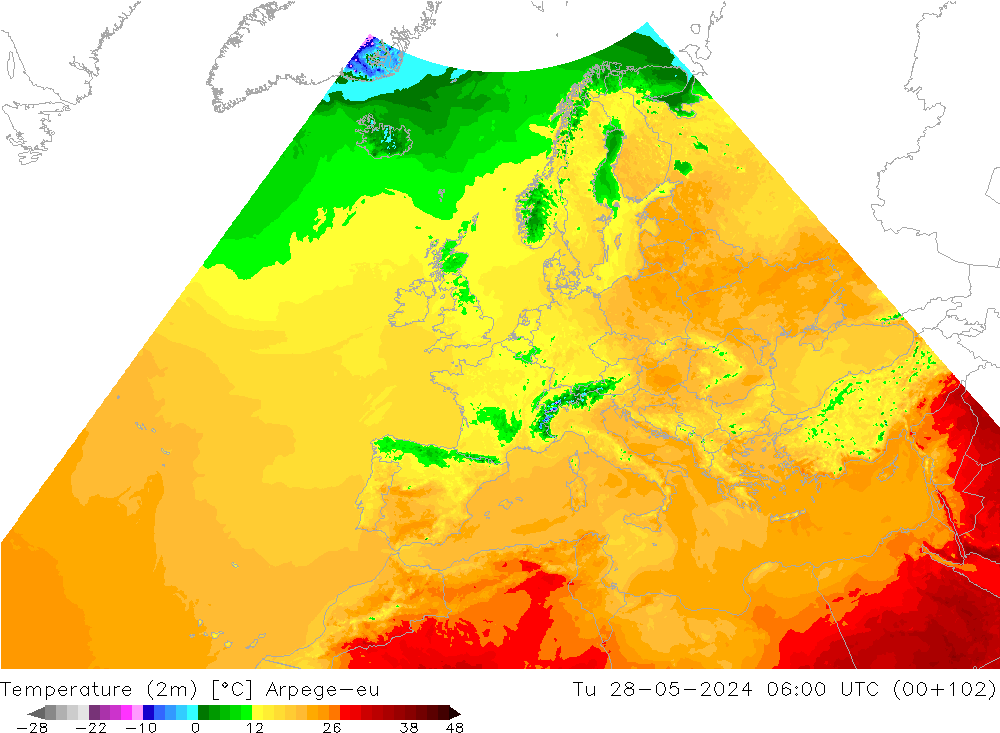 Temperature (2m) Arpege-eu Tu 28.05.2024 06 UTC