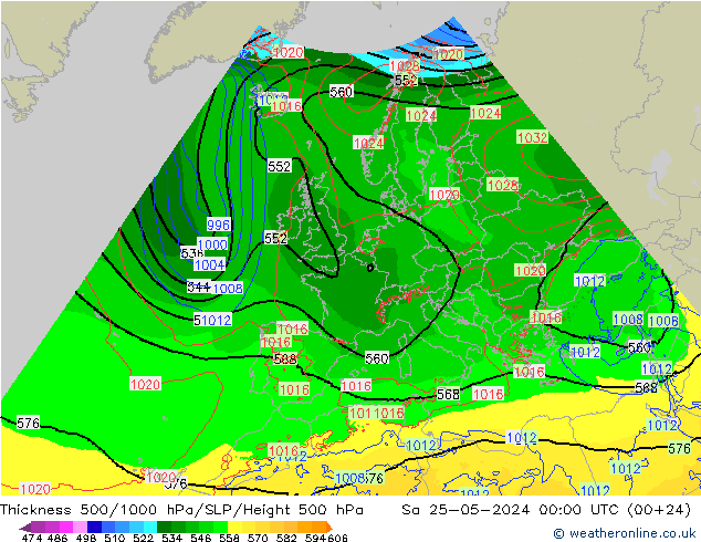 Thck 500-1000гПа Arpege-eu сб 25.05.2024 00 UTC