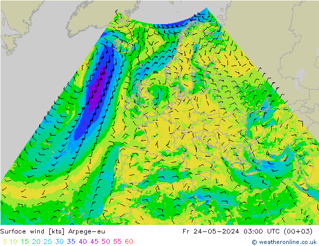 Vento 10 m Arpege-eu ven 24.05.2024 03 UTC