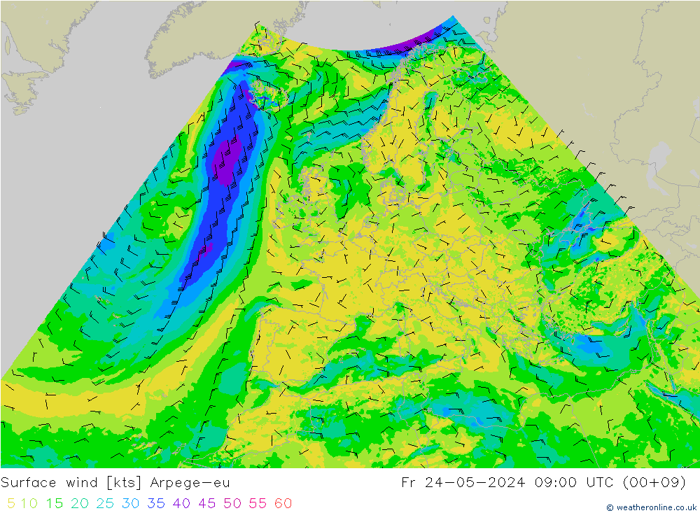Surface wind Arpege-eu Fr 24.05.2024 09 UTC