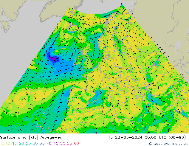 Surface wind Arpege-eu Tu 28.05.2024 00 UTC