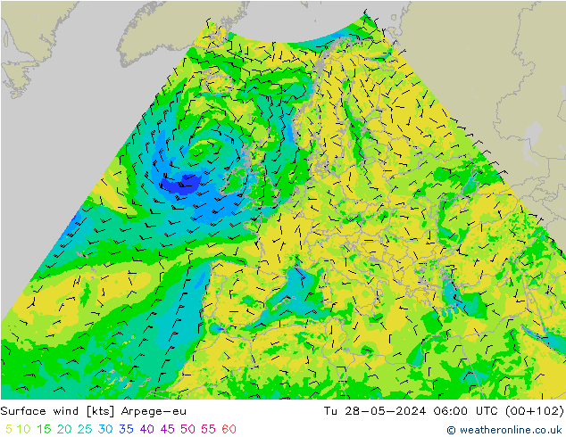 Surface wind Arpege-eu Út 28.05.2024 06 UTC