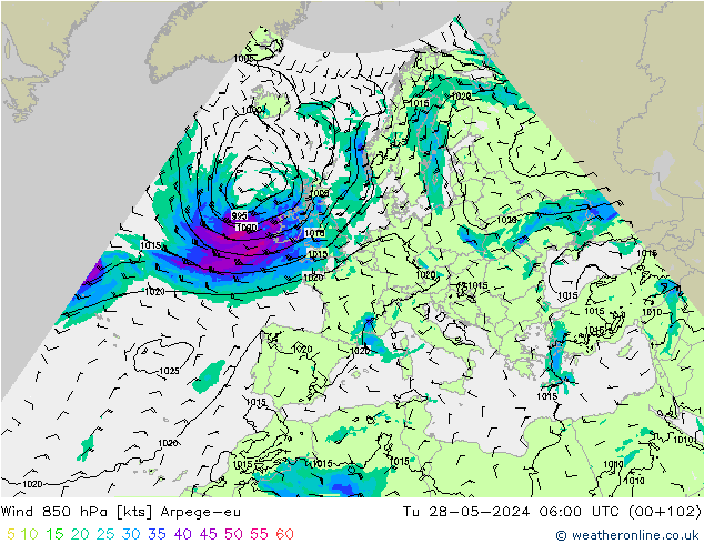 Vent 850 hPa Arpege-eu mar 28.05.2024 06 UTC