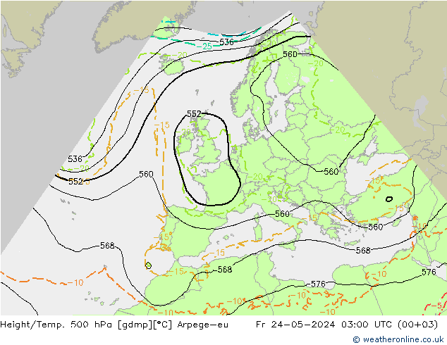 Height/Temp. 500 hPa Arpege-eu 星期五 24.05.2024 03 UTC
