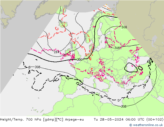 Height/Temp. 700 hPa Arpege-eu Tu 28.05.2024 06 UTC