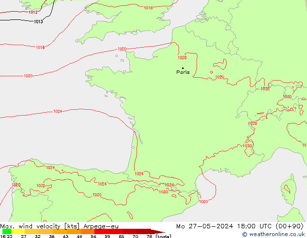 Max. wind snelheid Arpege-eu ma 27.05.2024 18 UTC