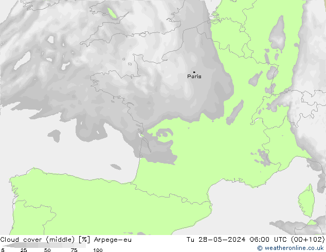 Cloud cover (middle) Arpege-eu Tu 28.05.2024 06 UTC