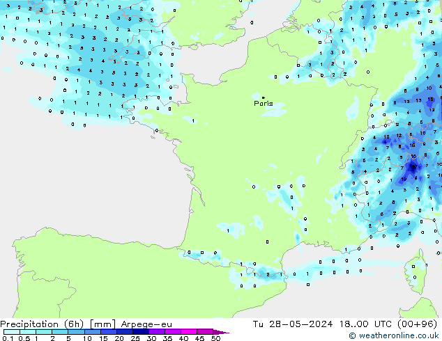 Precipitation (6h) Arpege-eu Tu 28.05.2024 00 UTC