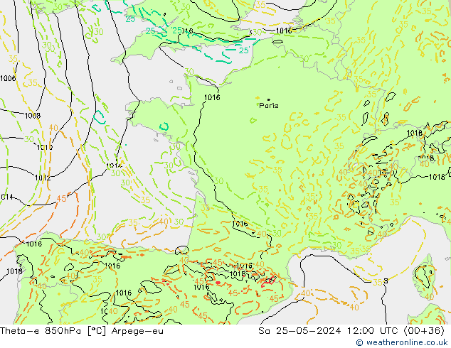 Theta-e 850hPa Arpege-eu Sa 25.05.2024 12 UTC