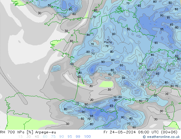 RH 700 hPa Arpege-eu Fr 24.05.2024 06 UTC