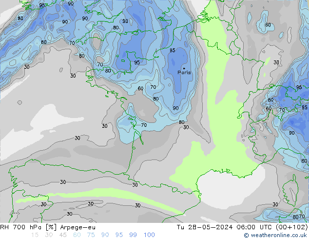 RH 700 hPa Arpege-eu Út 28.05.2024 06 UTC