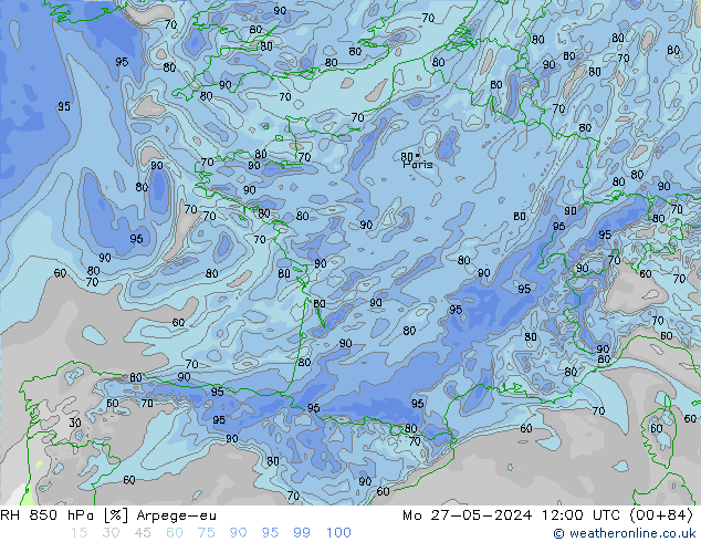 RH 850 hPa Arpege-eu Mo 27.05.2024 12 UTC