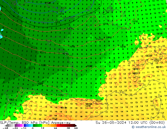 SLP/Temp. 850 hPa Arpege-eu Dom 26.05.2024 12 UTC