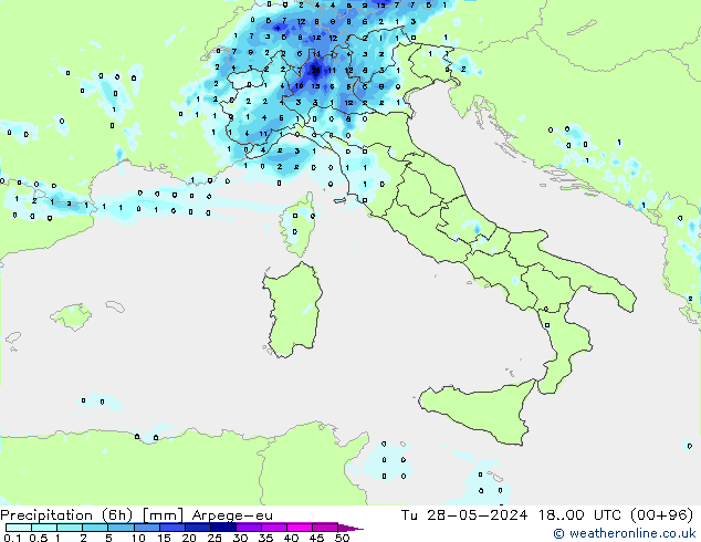 Precipitation (6h) Arpege-eu Út 28.05.2024 00 UTC