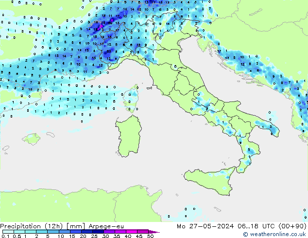 Precipitation (12h) Arpege-eu Mo 27.05.2024 18 UTC