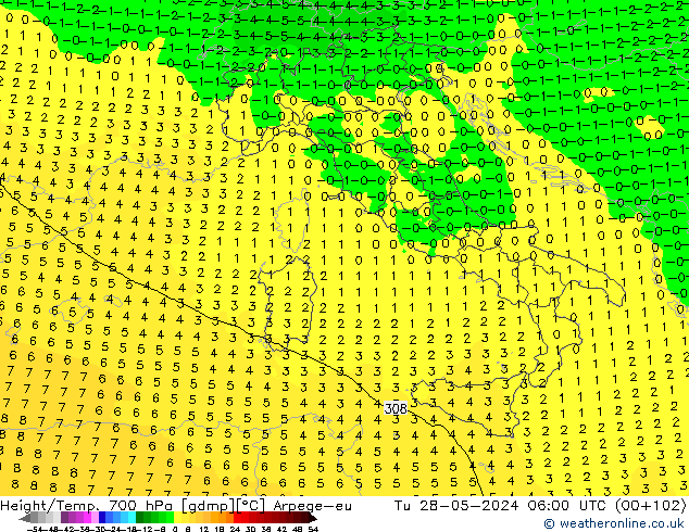 Height/Temp. 700 hPa Arpege-eu wto. 28.05.2024 06 UTC