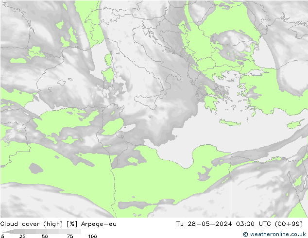 Cloud cover (high) Arpege-eu Tu 28.05.2024 03 UTC