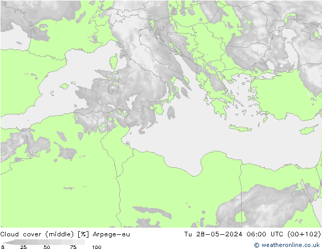 Cloud cover (middle) Arpege-eu Tu 28.05.2024 06 UTC