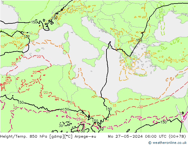 Height/Temp. 850 гПа Arpege-eu пн 27.05.2024 06 UTC