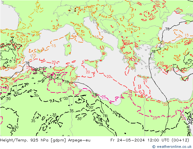 Géop./Temp. 925 hPa Arpege-eu ven 24.05.2024 12 UTC