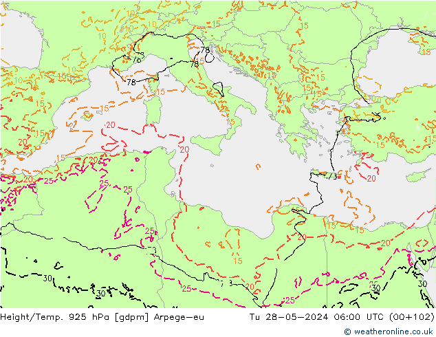 Géop./Temp. 925 hPa Arpege-eu mar 28.05.2024 06 UTC