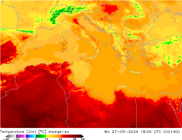 mapa temperatury (2m) Arpege-eu pon. 27.05.2024 18 UTC