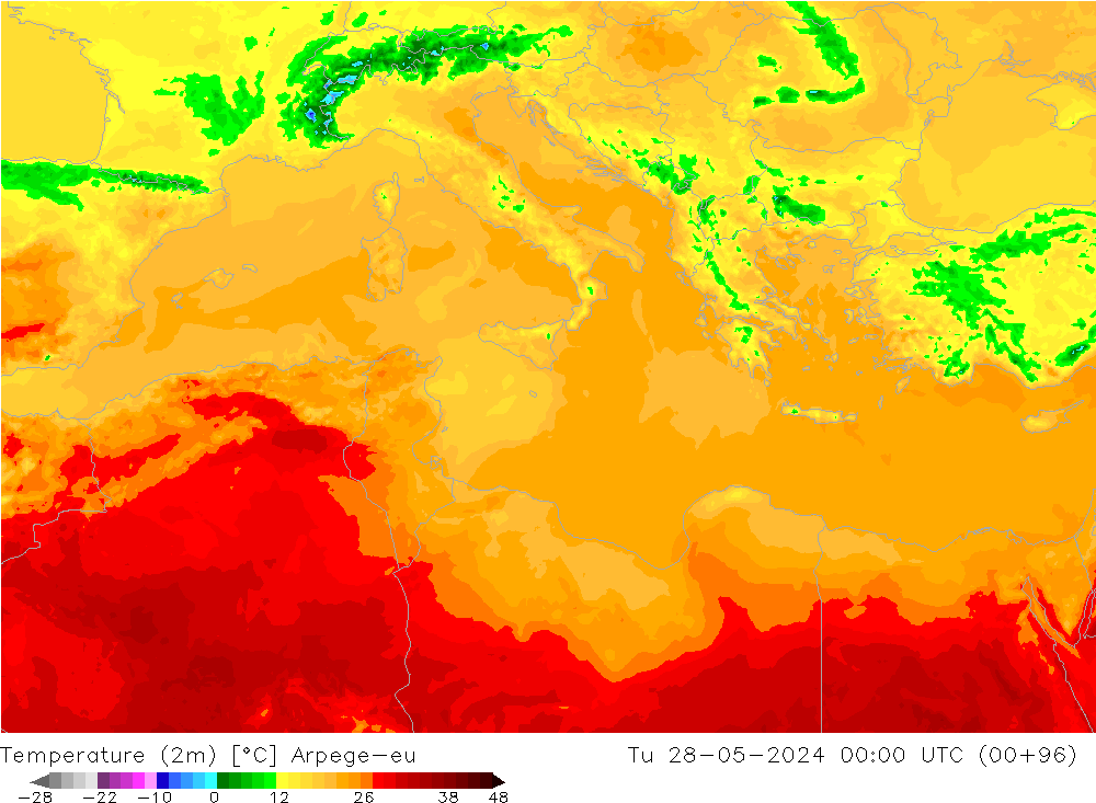 Sıcaklık Haritası (2m) Arpege-eu Sa 28.05.2024 00 UTC