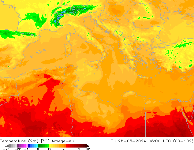 Temperatuurkaart (2m) Arpege-eu di 28.05.2024 06 UTC