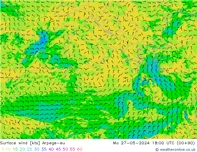 Surface wind Arpege-eu Mo 27.05.2024 18 UTC