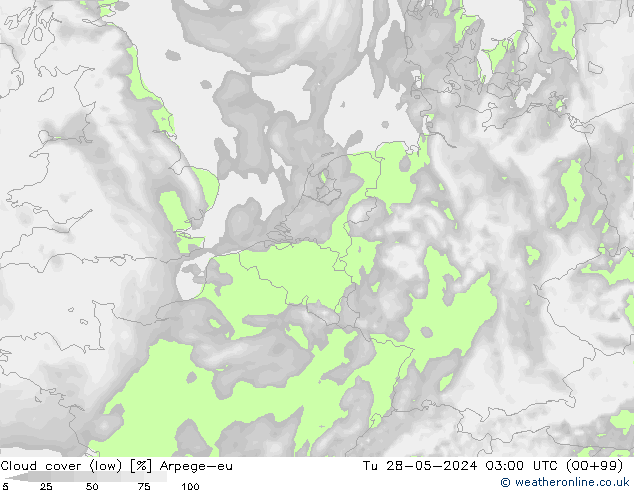 Cloud cover (low) Arpege-eu Tu 28.05.2024 03 UTC