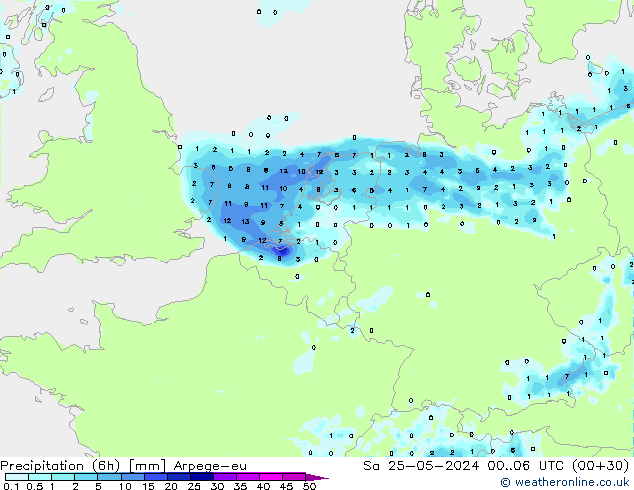 Precipitación (6h) Arpege-eu sáb 25.05.2024 06 UTC