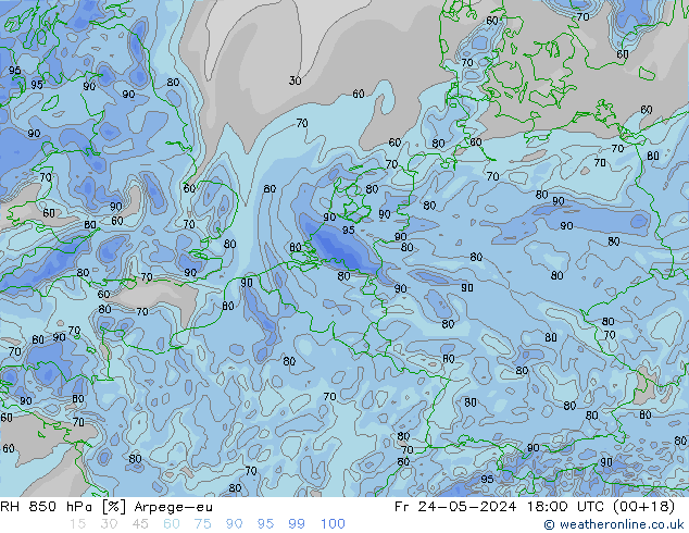 RH 850 hPa Arpege-eu Sex 24.05.2024 18 UTC