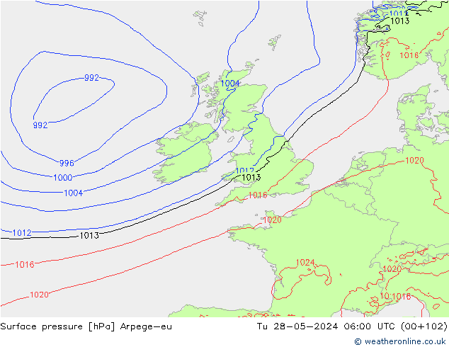 Surface pressure Arpege-eu Tu 28.05.2024 06 UTC