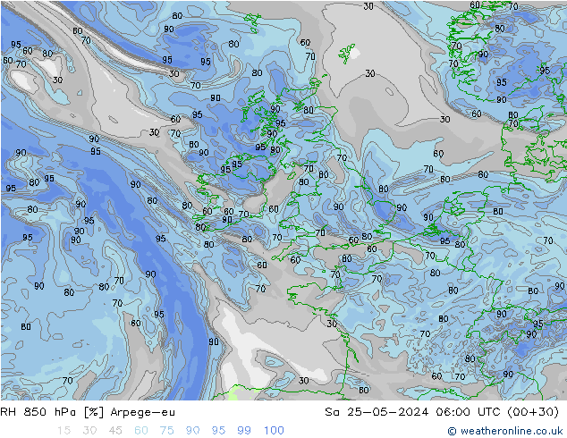 RH 850 гПа Arpege-eu сб 25.05.2024 06 UTC