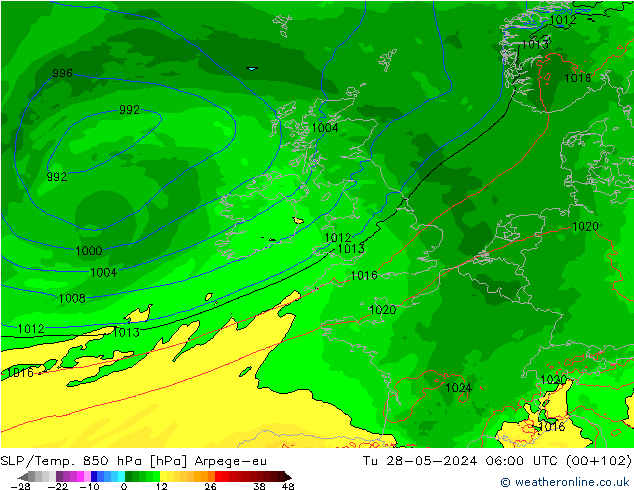 SLP/Temp. 850 hPa Arpege-eu Ter 28.05.2024 06 UTC