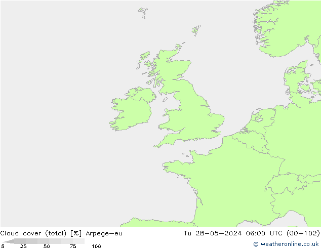 nuvens (total) Arpege-eu Ter 28.05.2024 06 UTC