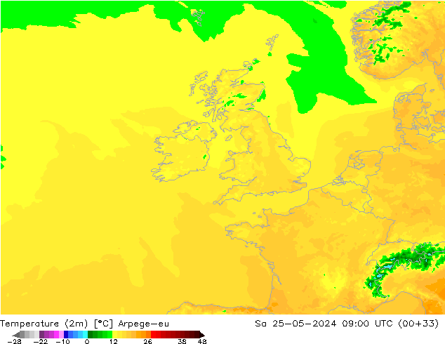 Temperaturkarte (2m) Arpege-eu Sa 25.05.2024 09 UTC