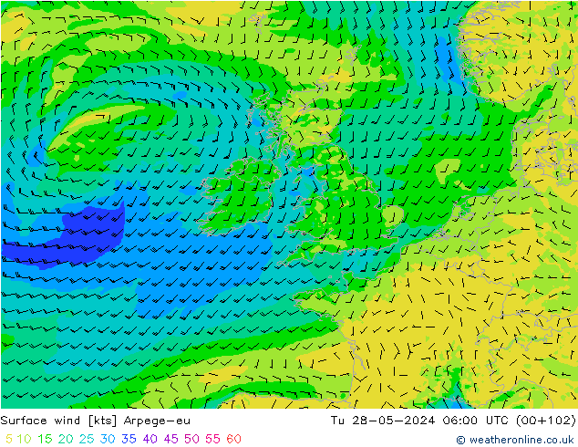 Surface wind Arpege-eu Tu 28.05.2024 06 UTC