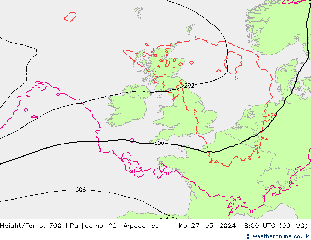 Height/Temp. 700 гПа Arpege-eu пн 27.05.2024 18 UTC
