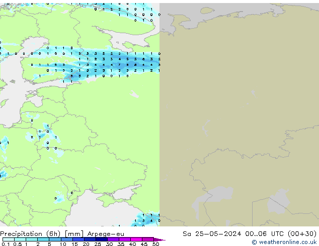 Totale neerslag (6h) Arpege-eu za 25.05.2024 06 UTC