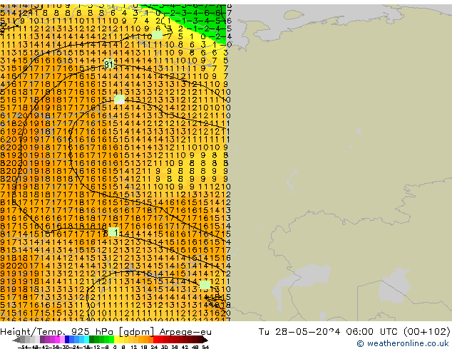Height/Temp. 925 hPa Arpege-eu Út 28.05.2024 06 UTC